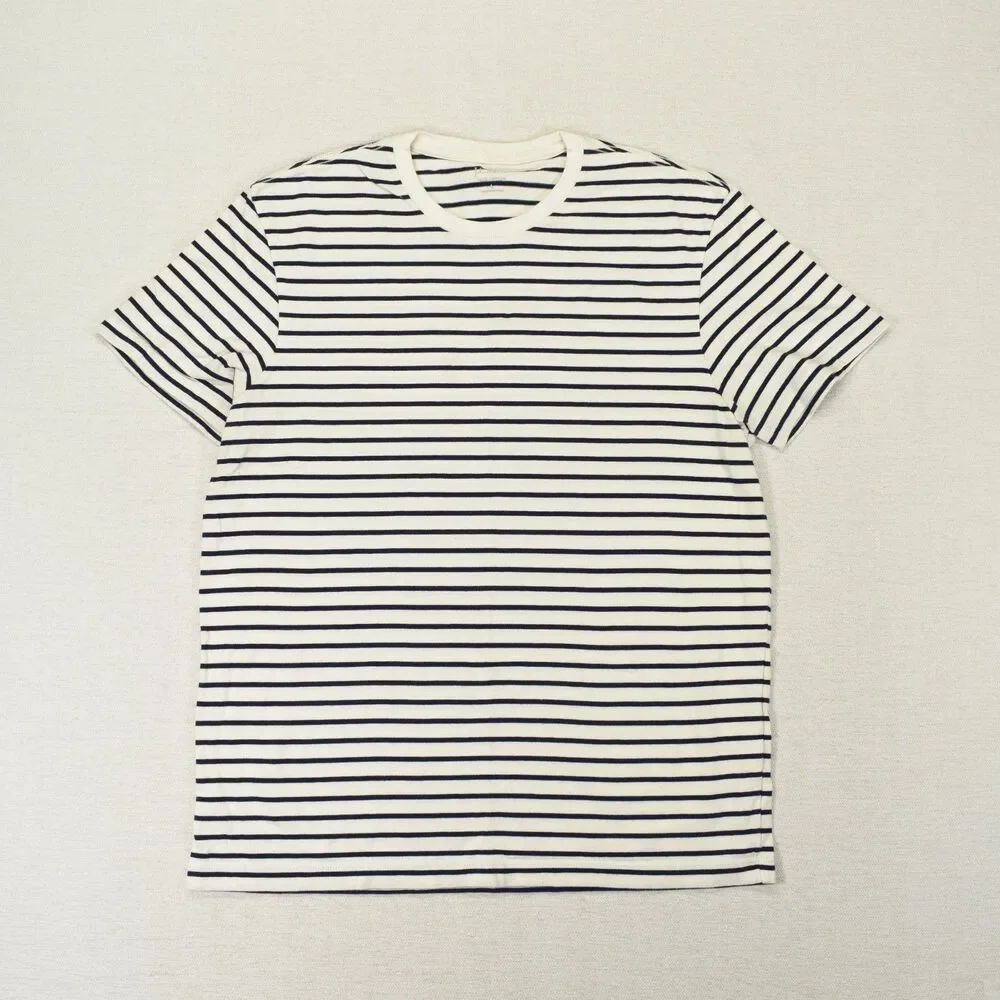 J Crew Womens Large Striped T Shirt White Navy Blue 100 Cotton Crew Neck Breton